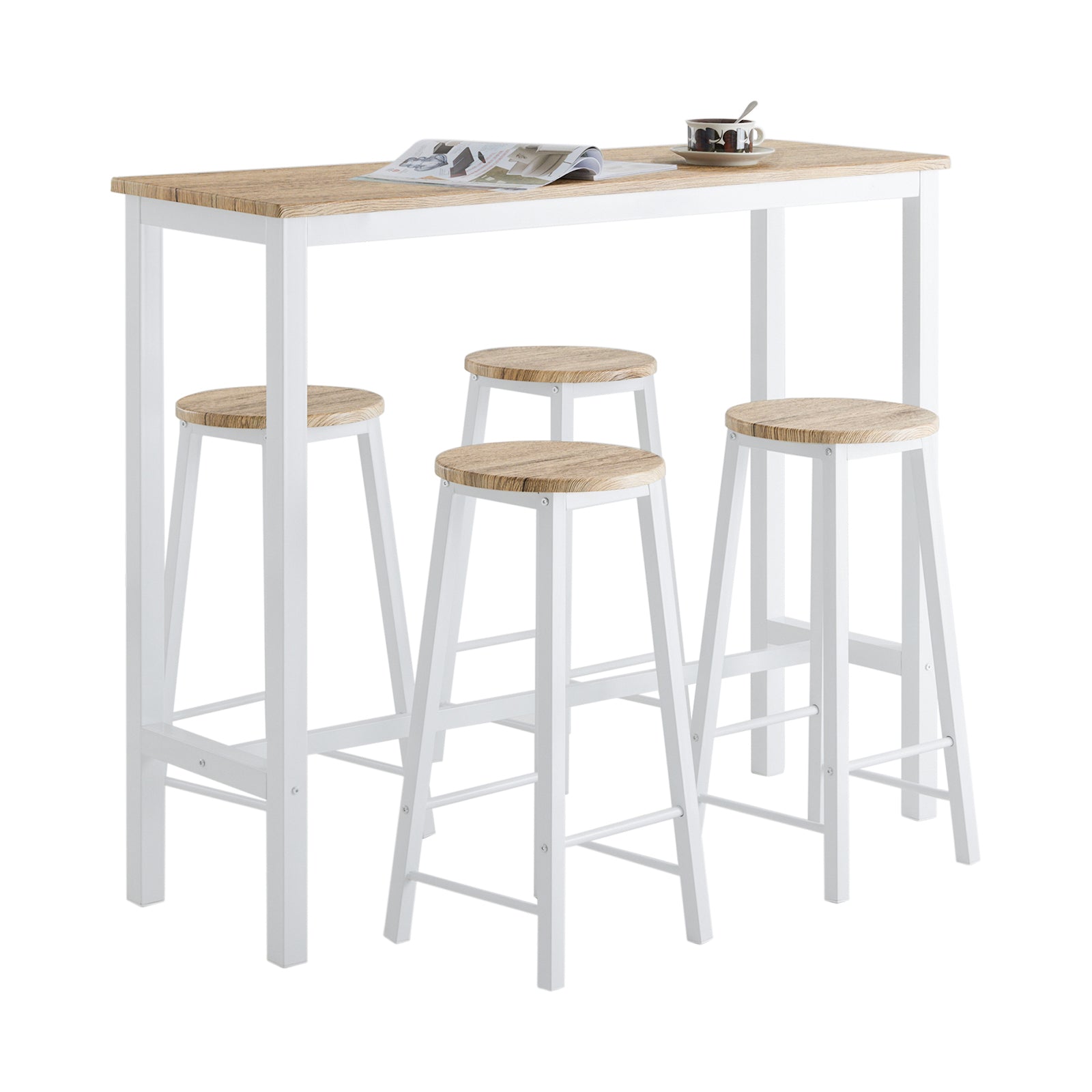 SoBuy OGT22-WN Ensemble de Table + 4 Tabourets Ensemble Table de Bar Bistrot + 4 Tabourets de Bar avec Repose-Pieds