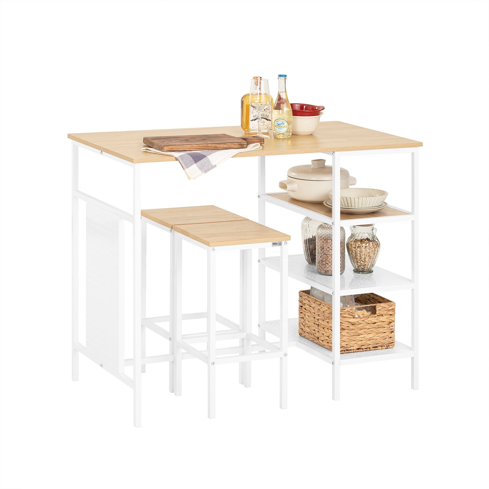 SoBuy OGT51-WN Ensemble Table et 2 Tabourets, Table Cuisine avec 3 Etagères Latérales, Table Haute Mange-Debout
