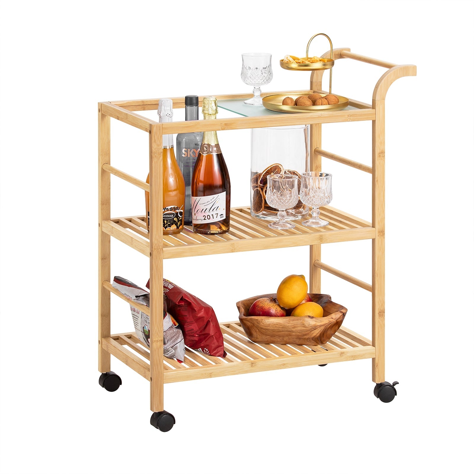 SoBuy SVW24-N Chariot de Service à roulettes, Desserte de Cuisine Roulante, Étagère de Cuisine, à 3 Niveaux avec Poignée